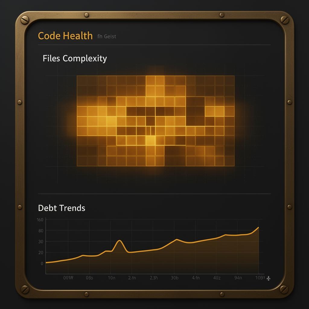 Code Radar dashboard preview showing an amber file-complexity heat map and a debt-trend line chart